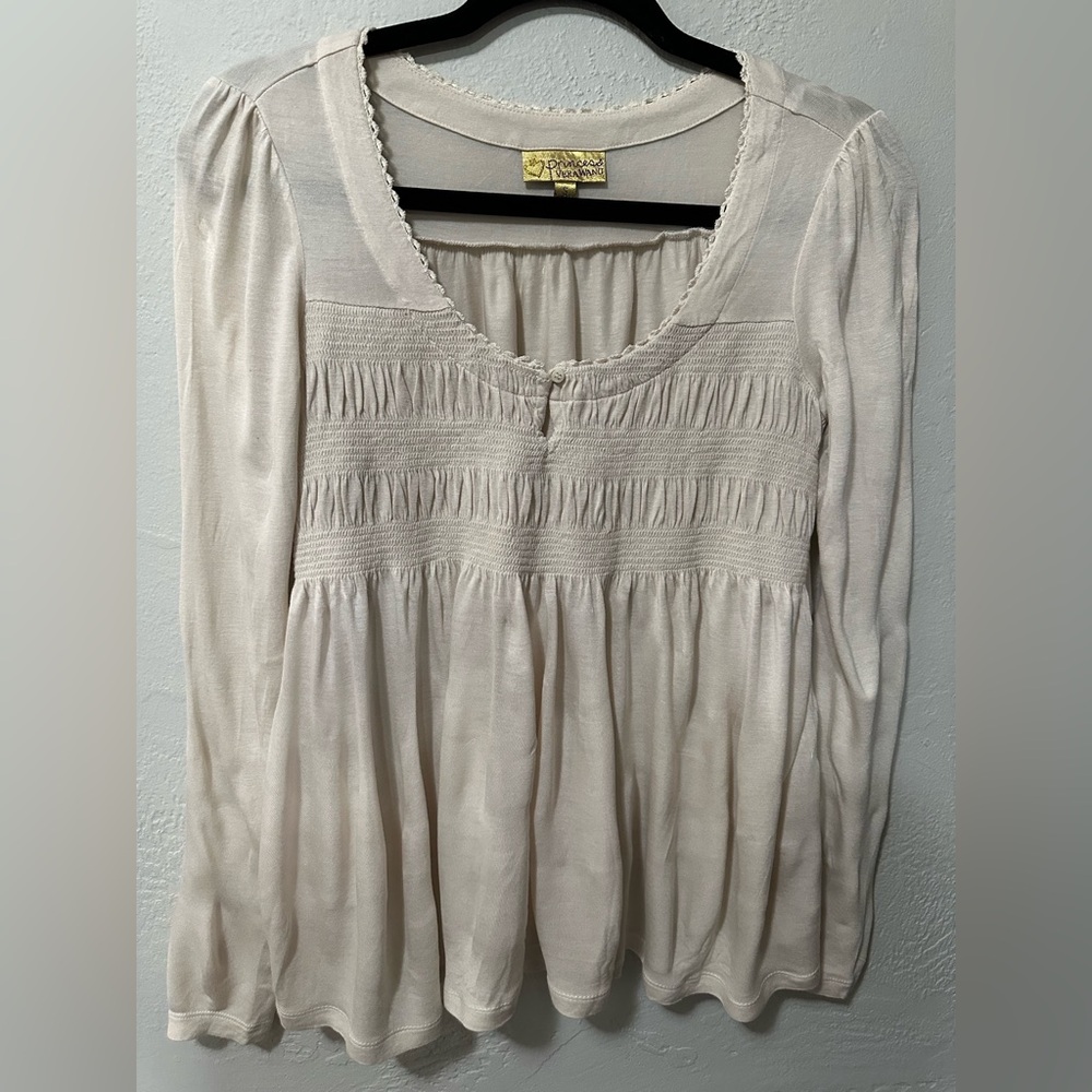 Princess Vera Wang Off White Scrunch Bodice Long Sleeve Peplum Blouse Top